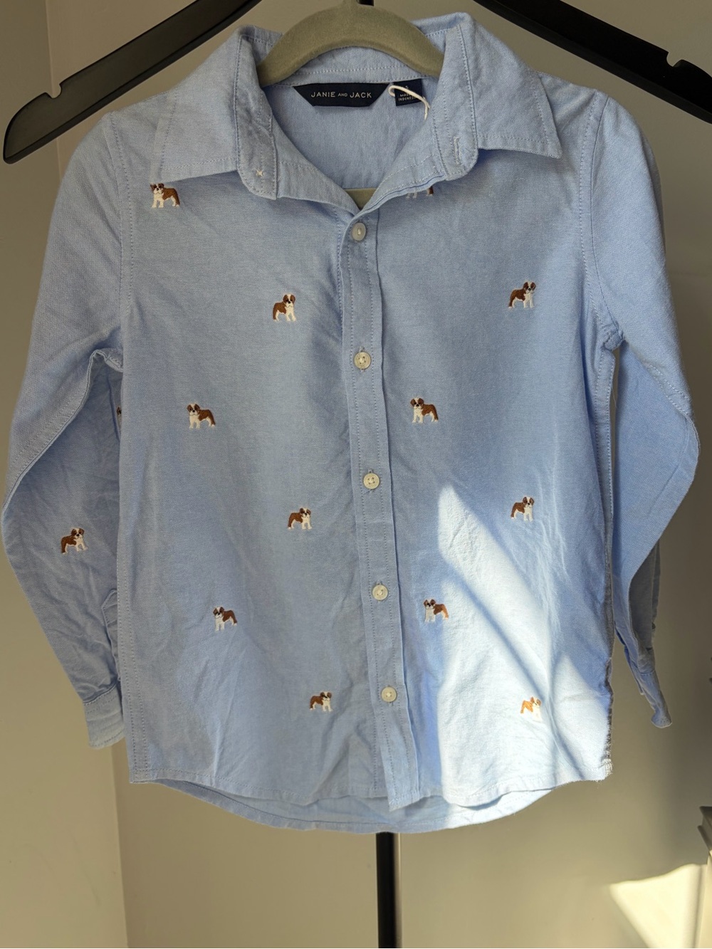 Janie and Jack Boys English Bulldog Embroidered Oxford Shirt Blue Size 5
